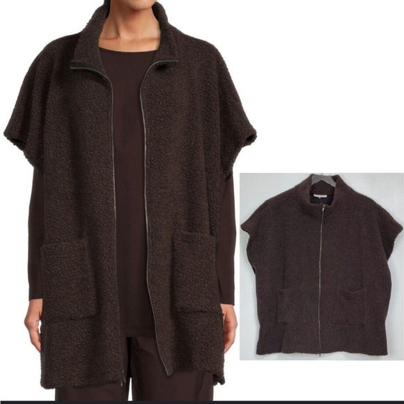 bryn Walker Sweaters - Bryn Walker Pip Wool Blend Brown Zip Front Oversized Poncho, Large Lagenlook